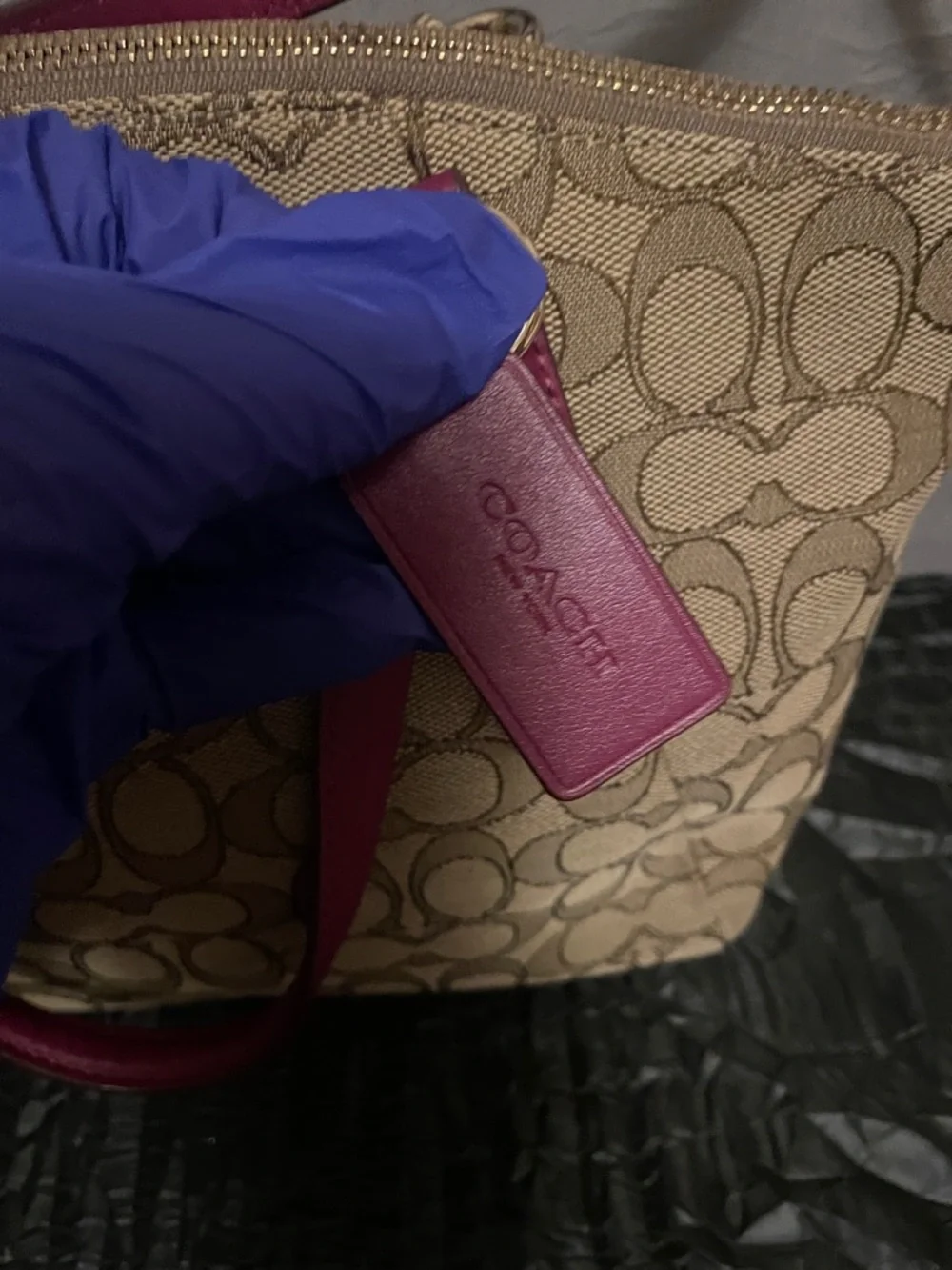 Coach Brown Signature Canvas Shoulder Bag with Raspberry Trim - Picture 3 of 17